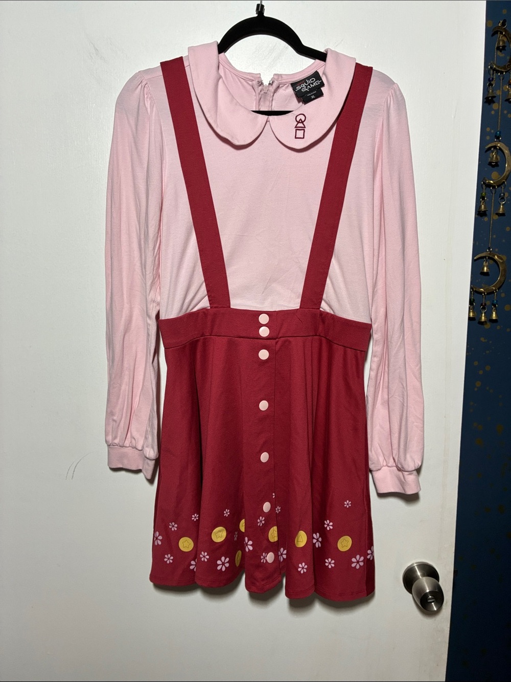 Squid games Pink Long Sleeve Peter Pan Collar Dress with Red Suspender Skirt